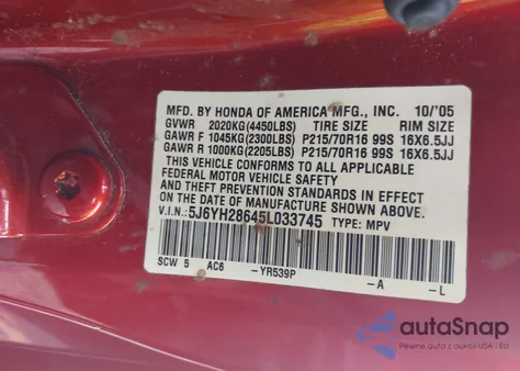 2005 Honda Element Ex z USA, uszkodzony, nr VIN 5J6YH28645L033745